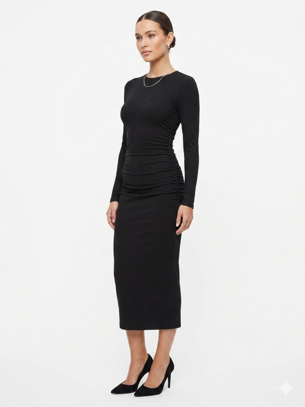 Intempo Black Long Sleeve Ruched Bodycon Dress S | Adjustable Length Maxi/Short